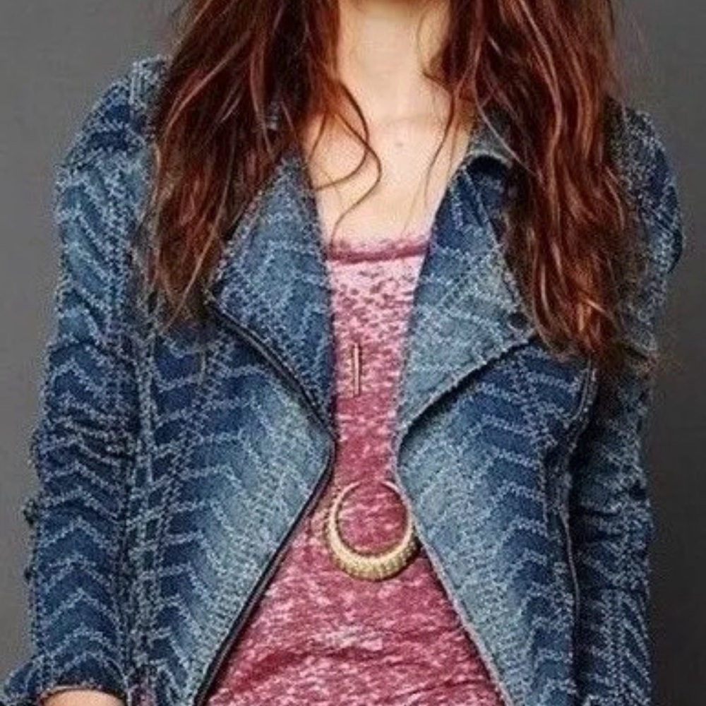 Free People Punched Denim Moto Herringbone Blue Jean Jacket Size 6